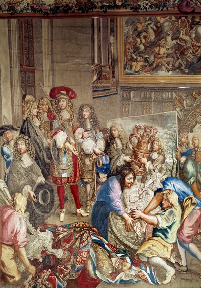 XIV. Lajos látogatása a Manufacture des Gobelins-ben Jean Baptiste (Jean-Baptiste) Colbert (1619-1683) (profilban, a király jobbján) és Charles Lebrun (Le Brun) festő (1619-1690) jelenlétében ), október 15 alkotó: Etienne (studio of) Le Blond