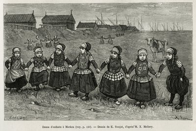 Gyermektáncok Markenben (Hollandia), metszet E.Ronjat rajza alapján, a Neerlande történetének illusztrálására, Charles de Coster 1878-ban, megjelent a tour du monde-ban, Edouard Charton irányításával alkotó: Etienne Antoine Eugene Ronjat