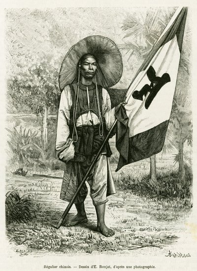 kínai uralom. E.Ronjat metszet, fénykép után, a Trente mois au Tonkin 1884-es történet illusztrálására, Doctor Hocquard, in le tour du monde 1889, rendező: Edouard Charton (1807-1890), Hachette, Párizs. alkotó: Etienne Antoine Eugene Ronjat