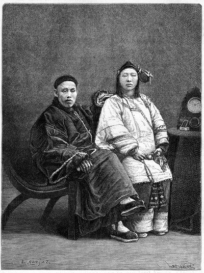 Pár kínai nevezetes San Francisco-ból (Egyesült Államok) a XIX. Metszet Ronjat rajza után, fénykép után, a „Le Tour du Monde, Nouveau Journal des Voyages”-ben, szerkesztette Edouard Charton, Párizs alkotó: Etienne Antoine Eugene Ronjat