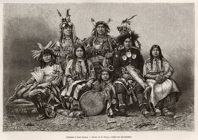 Indiai harcosok és feleségeik (Texas). Metszet E.Ronjat rajza után, William Hepworth Dixon La conquete blanche című történetének illusztrálására, 1875-ben, megjelent a „Le tour du monde”” 1876-ban, szerkesztette Edouard Charton, Hachette kiadás, Párizs. alkotó: Etienne Antoine Eugene Ronjat