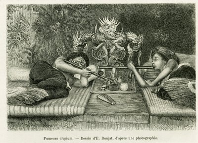 Ópium dohányosok. E.Ronjat metszet, fénykép után, a Trente mois au Tonkin 1884-es történet illusztrálására, Doctor Hocquard, in le tour du monde 1889, rendező: Edouard Charton (1807-1890), Hachette, Párizs. alkotó: Etienne Antoine Eugene Ronjat