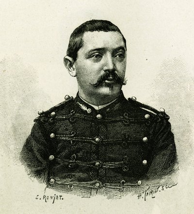 Portré Pietri kapitányról, a haditengerészeti tüzérségről az 1879-1882-es afrikai expedíció során, Gallieni parancsnoksága alatt. E. Ronjat metszet egy fényképről, a „Exploration du Haut Niger (Haut Niger)” (a mai Mali) történet illusztrálására. alkotó: Etienne Antoine Eugene Ronjat