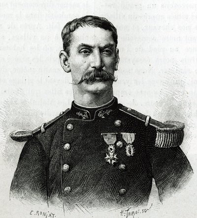 Joseph Gallieni parancsnok portréja az afrikai expedíció során (1879-1882). E. Ronjat metszet egy fénykép után, Joseph Gallieni (1849-1916) parancsnok „Exploration du Haut Niger (Haut Niger)” (a mai Mali) történetének illusztrálására. alkotó: Etienne Antoine Eugene Ronjat