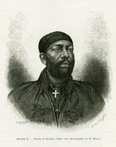 II. Menelik etióp herceg portréja (1844-1913). Ronjat metszet, fénykép után, a Voyage au Choa (Abyssinie meridionale) történet illusztrálására alkotó: Etienne Antoine Eugene Ronjat