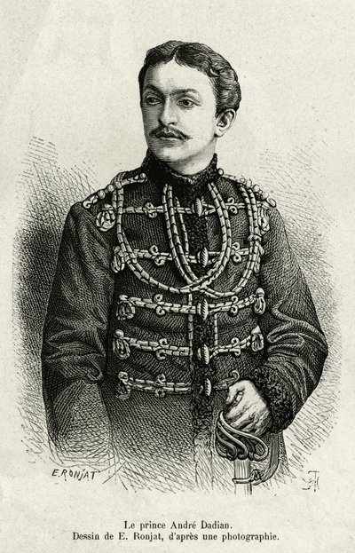 Andre Dadian Mingrelie hercege (1850-1910), az orosz hadsereg tábornoka és sakkbajnok. E.Ronjat metszet, Carla Serena Un tour en Mingrelie (Grúzia régiója, a Kaukázus és a Rion között) című történet illusztrálására, 1876-187 alkotó: Etienne Antoine Eugene Ronjat