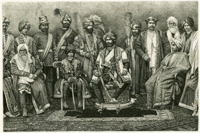 A kasmíri maharadzsa, Rambhir Sing és udvara. E. Ronjat metszete Marie de Ujfalvy-Bourdon (Ujfalvy Bourdon) „Egy párizsi nő portréja a Nyugat-Himalájában” című történetének illusztrálására 1881-ben. Megjelent a Tour du monde 2. félévben alkotó: Etienne Antoine Eugene Ronjat