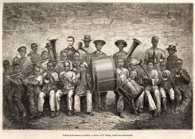 A gaboni misszió gyermekeinek bandája. Metszet E.Ronjat rajza után, az afrikai tengerparti körutazás illusztrálására, Fleuriot de Langle admirális 1868-ban, megjelent a „Le tour du monde” 1876-ban, szerkesztette Edouard Charton, Hachet alkotó: Etienne Antoine Eugene Ronjat