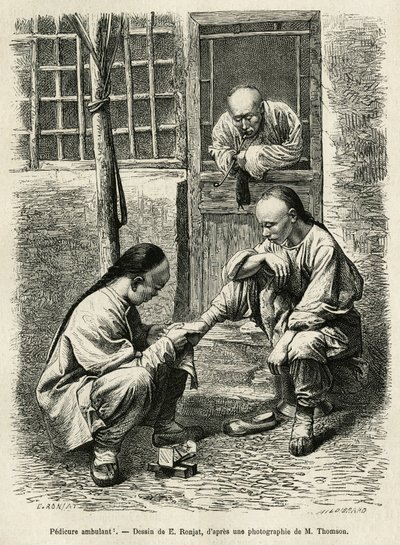 A sétáló pedikűr, a mindennapi élet gyakori színtere a kínai városokban. Metszet E.Ronjat rajza után, a pekini és észak-kínai utazás szemléltetésére, T.Choutze 1873-ban, megjelent a "" Le tour du monde""" 1876-ban, szerkesztette Edouard Charton alkotó: Etienne Antoine Eugene Ronjat