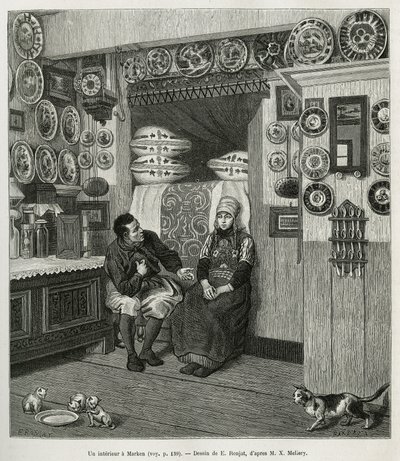 Un interieur à Marken (Pays Bas), metszet E.Ronjat rajza alapján, a Neerlande történetének illusztrálására, Charles de Coster 1878-ban, megjelent a tour du monde-ban, Edouard Charton irányításával. alkotó: Etienne Antoine Eugene Ronjat