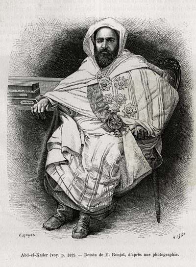 Abd El Kader (1808-1883) algériai emír és szultán, szúfi teológus, politikus és a francia gyarmati hadsereggel szembeni katonai ellenállás, író, költő és filozófus portréja. E.Ronjat metszete a La Syria d