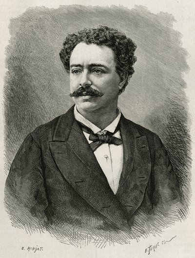a szerző és utazó, Edmondo de Amicis (1846-1908) olasz író portréja, E.Ronjat metszet, Edmondo de Amicis Marokkó történetének illusztrálására, 1875-ben, a tour du monde-ban, Edouard irányításával Charton alkotó: Etienne Antoine Eugene Ronjat