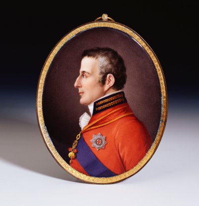 Wellington hercegének (1769-1852) fel nem vett Sevres keltezésű, ovális portrétáblája, teljes egyenruhában, az Aranygyapjú Rendet, valamint a Harisnyakötő Rend csillagát és pántját viselve. alkotó: Etienne Charles Leguay