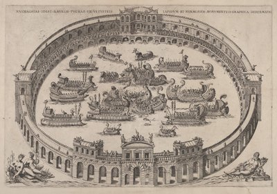 Tengerészeti harc egy római arénában, a Tiberis folyóval és a nimfákkal a bal alsó sarokban..., 1577-85. alkotó: Etienne Duperac