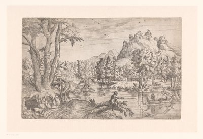 Táj halász és kastély a hegy tetején alkotó: Etienne Dupérac (attributed to)