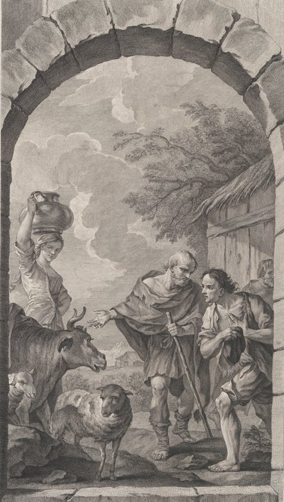 A párizsi Találatok kápolnája: Pásztorcsoport egy házikó előtt, 1757. alkotó: Etienne Fessard