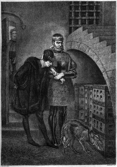 XI. Lajos francia király (1423-1483) meglátogatja Jean de La Balue (Balue bíboros) (1421-1491) foglyot, vasketrecbe zárja. Bocour metszete Gerome festménye után alkotó: Etienne Gabriel Bocourt