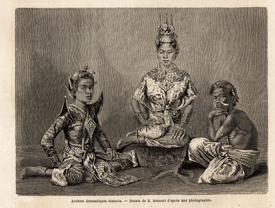 Sziámi drámaművészek, E.Bocour rajza Henri Mouhot 1858-tól 1861-ig tartó sziámi, kambodzsai és laoszi utazásának illusztrálására. Metszet a „” Le tour du monde”-ban, szerkesztette Edouard Charton alkotó: Etienne Gabriel Bocourt