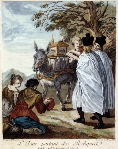 Szamártartó ereklyék. Illusztráció Jean de La Fontaine meséjéhez. Etienne Jeaurat festménye (1699-1789) alkotó: Étienne Jeaurat