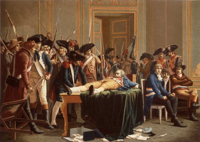 A 10. Thermidor II. év reggele; Maximilien de Robespierre, törött állkapocs, szétterítve az asztalon (chromolitho) alkotó: Etienne Lucien (after) Melingue