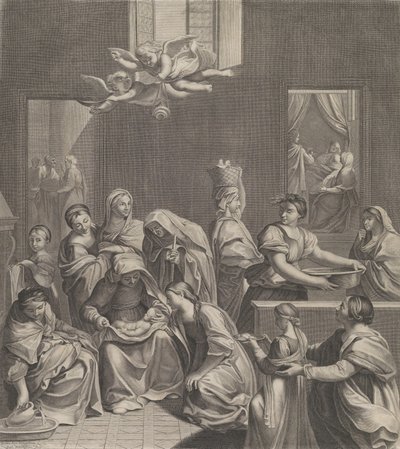 A Szűzanya születése, nő ül csecsemővel az ölében, sok nő körül..., 1677. alkotó: Etienne Picart