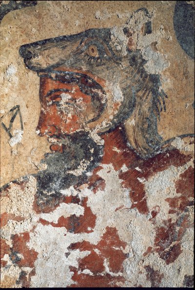 Aita (Eiza), a túlvilág etruszk istene, farkassapkát visel (a freskó részlete, Kr.e. 4.) alkotó: Etruscan