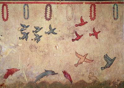 Vízi madarak és ugráló delfinek, a Vadászat és halászat sírjából, ie 520-10 körül (falfestmény) alkotó: Etruscan