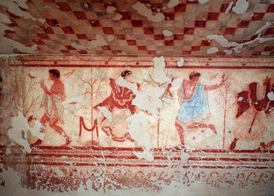 Táncosok és zenészek egy bankett alatt. A Tomba del triclinium freskói, Kr. e. 5. század alkotó: Etruscan