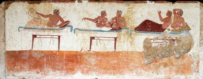 Etruszk művészet: bankettjelenet. A „búvár” sírjának freskója. Paestum déli temetőjéből. Kr.e. 480-470. Museo Archeologico Nazionale, Paestum alkotó: Etruscan