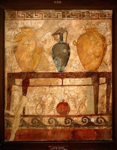 Etruszk művészet: asztal vázákkal, felajánlásokkal. Freskó a paestumi temetőből. Kr.e. 4. század. Museo Archeologico Nazionale, Nápoly, Olaszország alkotó: Etruscan