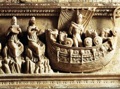 Etruszk civilizáció, alabástrom urna, Odüsszeuszt és Sziréneket ábrázoló domborműrészlet alkotó: Etruscan