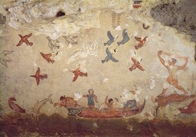 Halászok csónakban és repülő madarak, a Halászat és Vadászat sírjából, ie 520-510 körül (falfestmény) alkotó: Etruscan