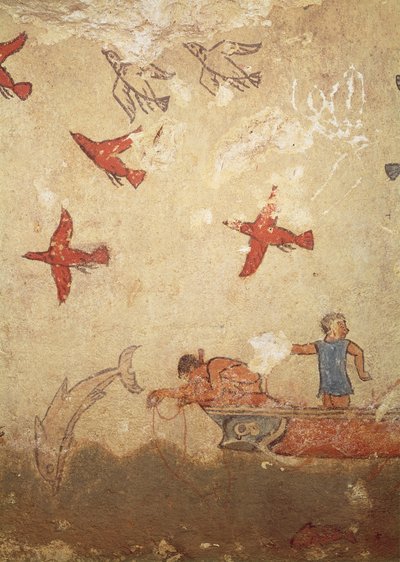 Halászhajó, a Vadászat és Halászat sírjából, Kr.e. 520-10 (falfestmény) alkotó: Etruscan