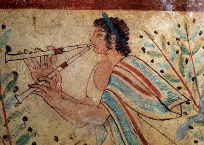 Fuvolás. Részlet a Leopárdok sírjának freskójáról, Kr.e. V. században alkotó: Etruscan