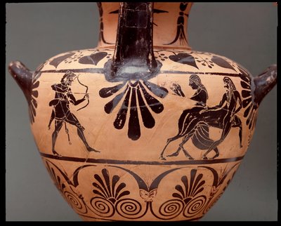 Hydria Herkules ábrázolásával, amint nyilat lövöldözött Nessus kentaurra, Deianira jobbról a második, terrakotta, ie 450-400 alkotó: Etruscan