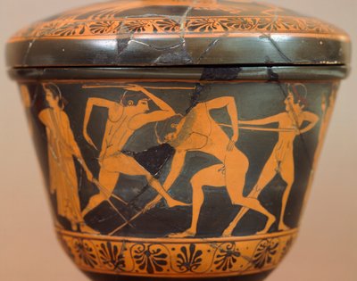 Pyxis sportolókkal az edzőteremben. Piros alakos kerámia, Cerveteriből (Lazio). Etruszk civilizáció, Kr. e. 4. század. alkotó: Etruscan