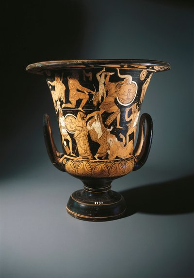 Piros formájú kerámia, kelyhes kráter Neoptolemust, Astyanaxot, Trójai Helénát és Priamót a földön, Nazzano festőtől, Civita Castellanától alkotó: Etruscan