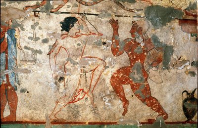 Rituális tánc, átlátszó tunikát viselő fiatal nő és meztelenül fiatal férfi. (Kr.e. 520-as freskó részlete) alkotó: Etruscan