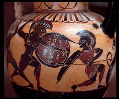Terrakotta amfora két katona párbajának ábrázolásával, ie 520-500 alkotó: Etruscan