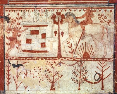 Troilus trójai herceg csapása Akhilleusztól, a Bikák sírjából (Tomba del Tori) Kr.e. 540 körül (freskó) alkotó: Etruscan