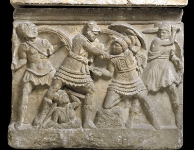 Etruszk művészet: „” Eteoklész és Polüniké”” a két testvér, Oidipusz fia, Bas dombormű Chiusi szarkofágjáról, Kr.e. 3. század - Palermo, Museo Archeologico Nazionale - Párbaj Eteoklész és Polinikész testvérek, Oidipusz fiai között - Bas -könnyítés, detai alkotó: Etruscan Etruscan