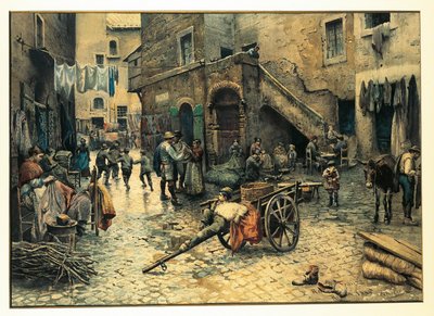 Olaszország, Róma, Utcai élet a Via Capocciuton a (zsidó) gettóban Rómában, Ettore Roesler Franz, akvarell alkotó: Ettore Roesler Franz