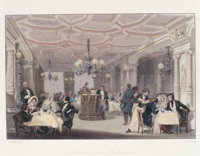 Franciaország, Párizs, a Les Trois Freres Provencaux étterem enteriőrje a restaurálás korabeli dekorációjával, a párizsi télből, Eugene Lami alkotó: Eugene Louis Lami
