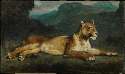 Oroszlán fekvő, 1855 körül (olaj, panel) alkotó: Eugene  Delacroix