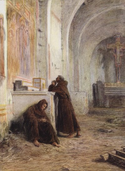 Giles szerzetes és társa éhségtől elájulva egy elhagyatott templomban (színes litográfia) alkotó: Eugene (after) Burnand