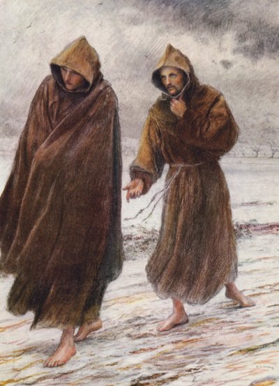 Szent Ferenc megmutatja Leó szerzetesnek, hol található a tökéletes öröm (színes litográfia). alkotó: Eugene (after) Burnand