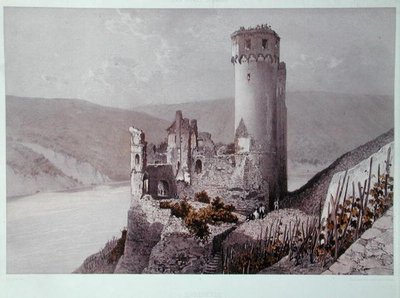 Schloss Ehrenfels a Rajna-völgyben, 1863 körül (színes litográfia) alkotó: Eugene (after) Ciceri