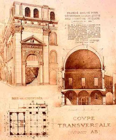 A Loggia vagy a Palazzo del Commune, Brescia, Olaszország terve, keresztmetszete és magassága a „Fragments d