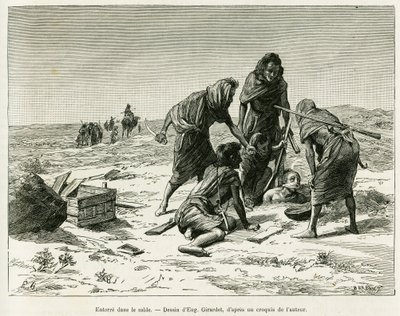 Temesd a homokba. Eugene Girardet metszet a történet illusztrálására: Öt hónap Nyugat-Szahara nomád lápjain, 1887-ben, Camille Douls, in le tour du monde 1888, Edouard Charton (1807-1890), Hachette, Párizs irányítása alatt. alkotó: Eugene Alexis Girardet