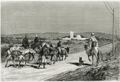 Az utánfutónk költözik. Eugene Girardet metszet, a „Voyage en Tunisie” című történet illusztrálására, Rene Cagnat (1852-1937) történész és Henri Saladin (1851-1923), építész, 1882-1883-ban a Közoktatási Minisztérium megbízásából. Megjelent i alkotó: Eugene Alexis Girardet